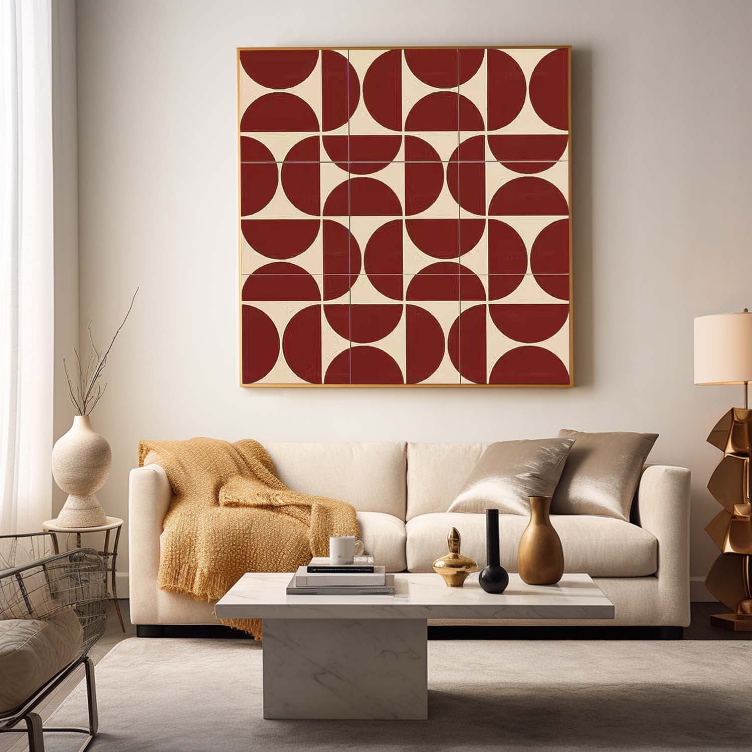 Red Geometry Modern Minimalist Canvas Acrylic Painting Large Regular Semicircle Abstract Artwork