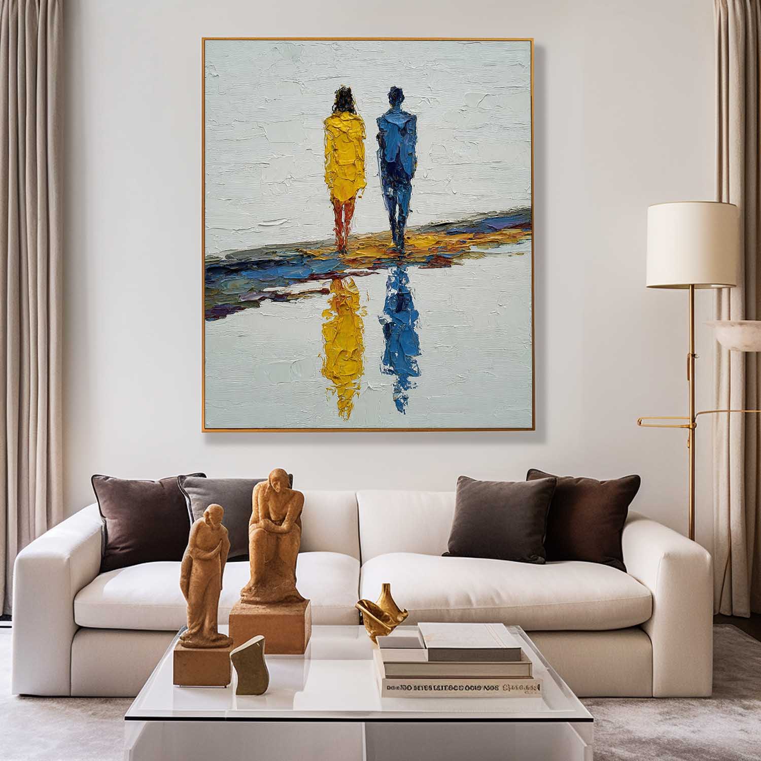 Abstract Couple Oil Painting Modern Minimalist Palette Knife Art Vertical Textured Canvas For Bedroom Wall