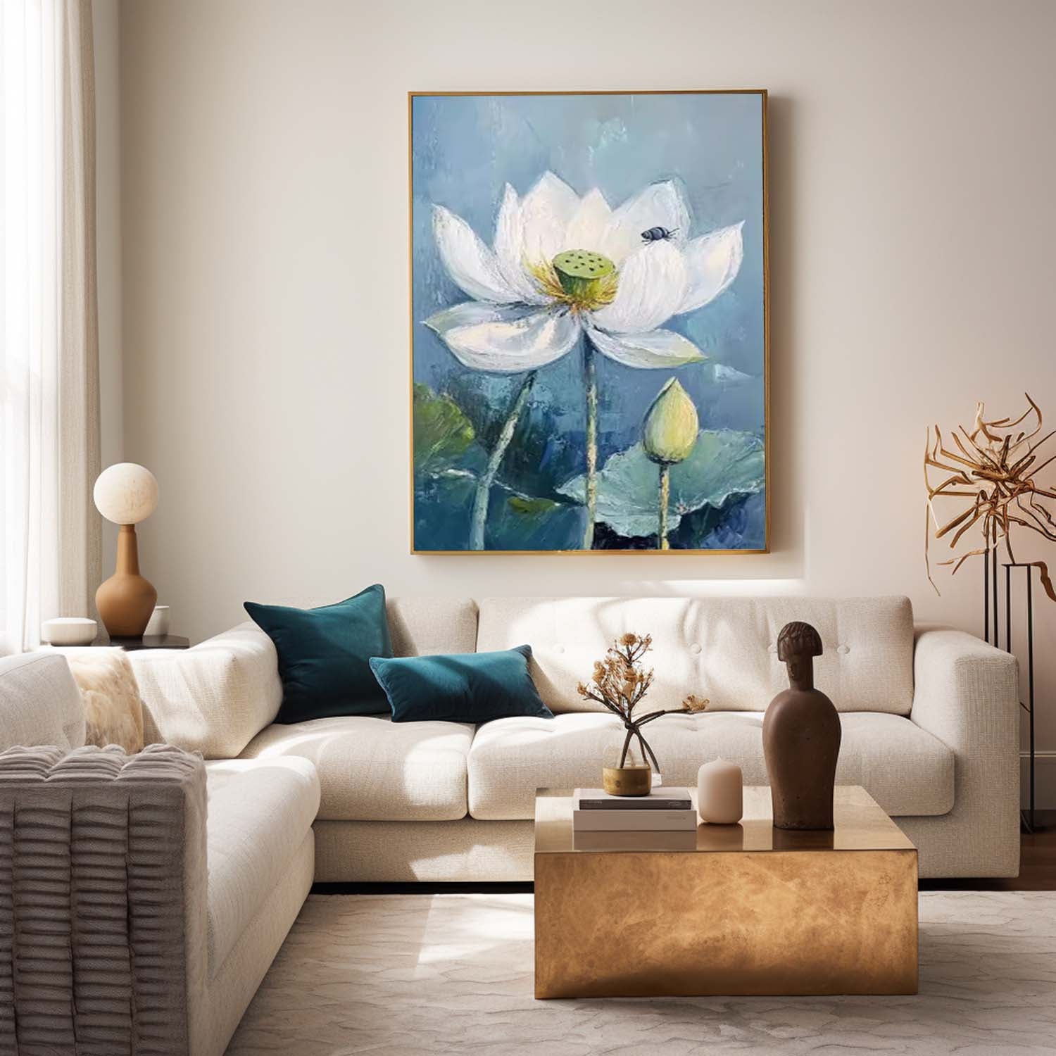 Big Original Texture Beautiful Blue Flowers Artwork Abstract Lotus Flower Oil Painting On Canvas Framed