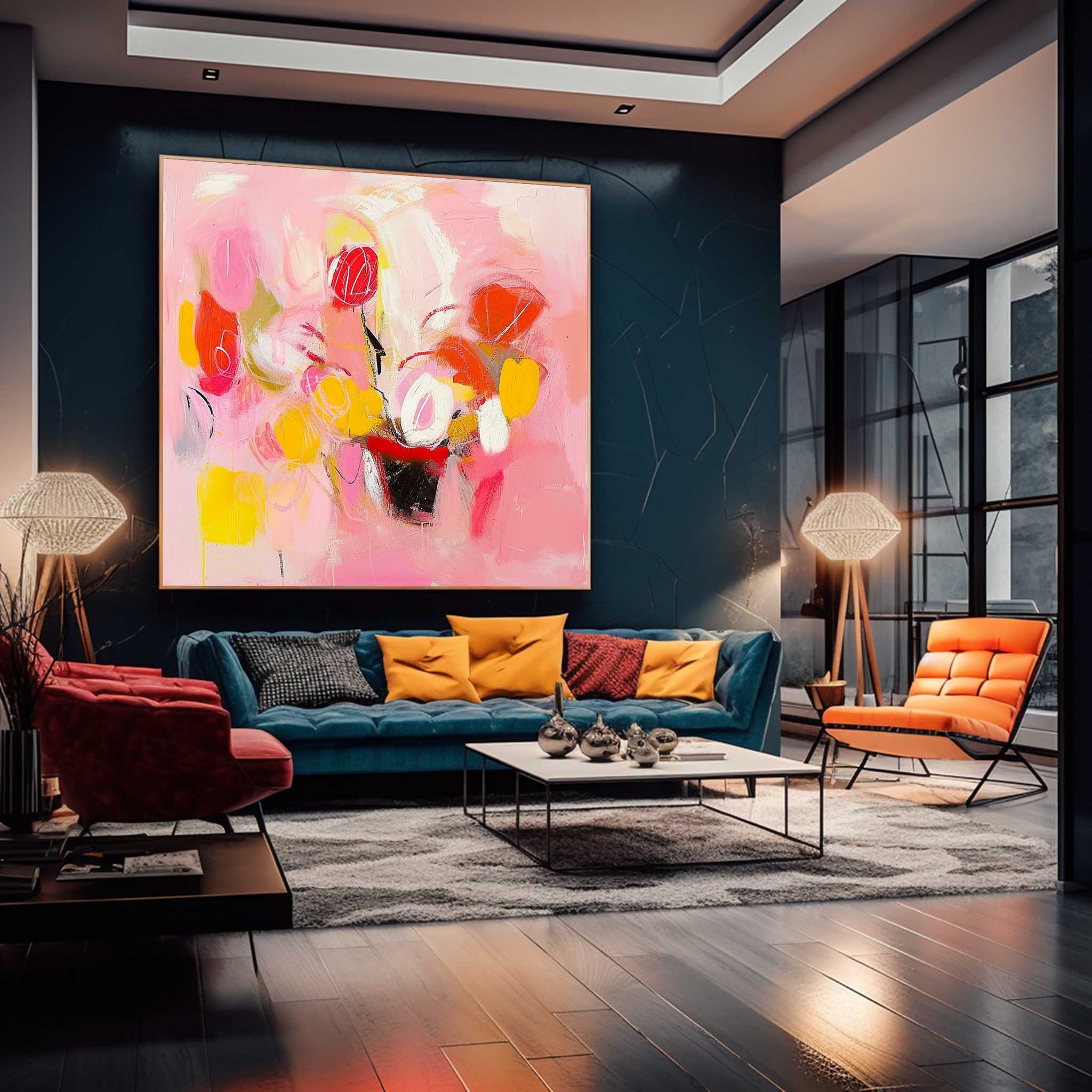 Square Abstract Graffiti Oil Painting Bright Pink Large Acrylic Painting Canvas Original Modern Wall Art For Living Room