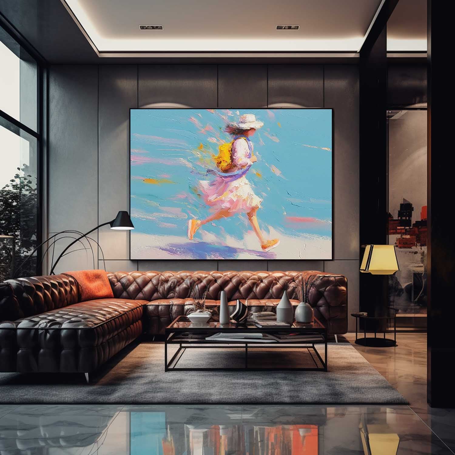 Extra Large Horizontal Abstract Women Wall Art Vibrant Pink & Yellow Lady Painting Textured Impasto Art