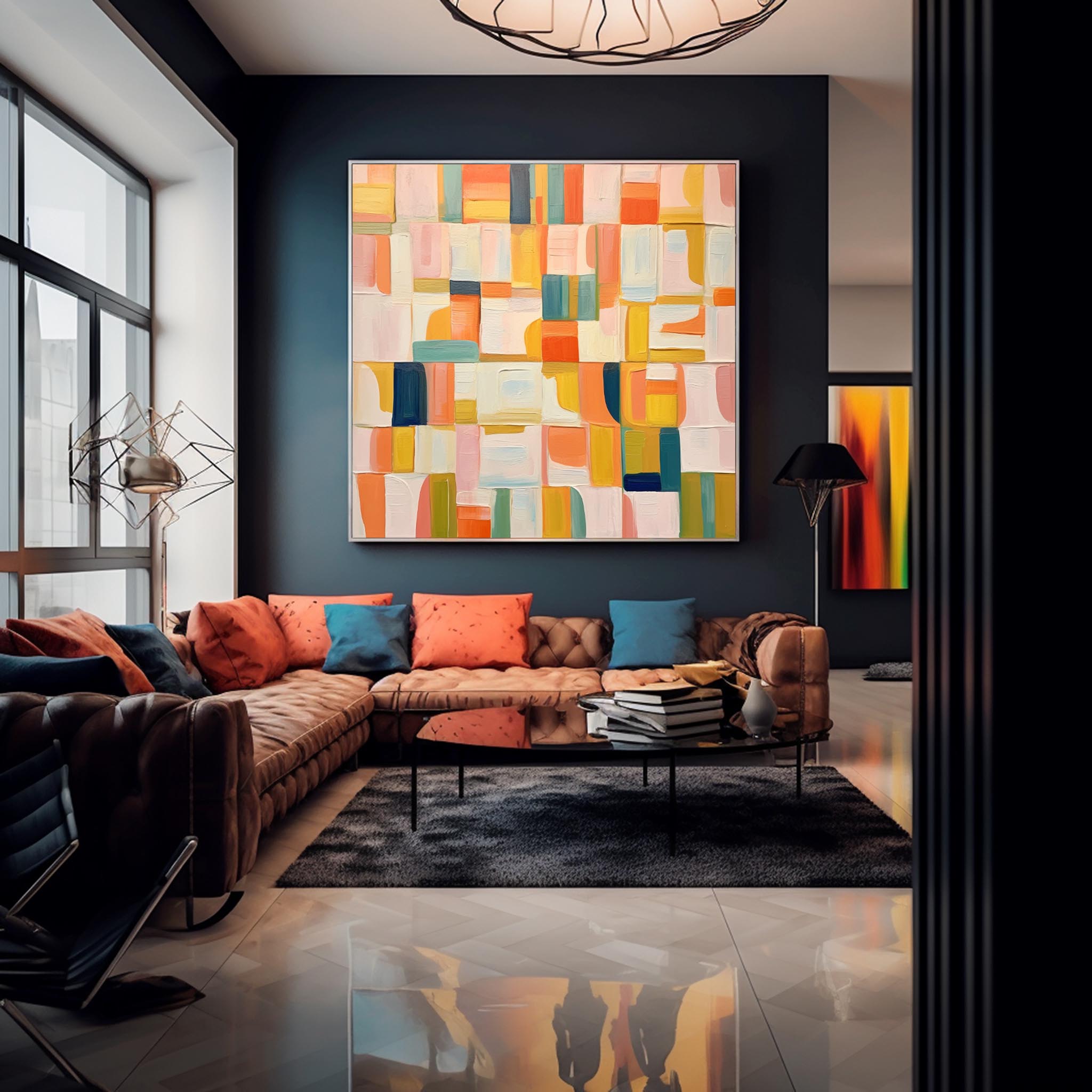 Square Abstract Geometry Oil Painting Bright Yellow Large Acrylic Painting Canvas Original Modern Wall Art For Living Room