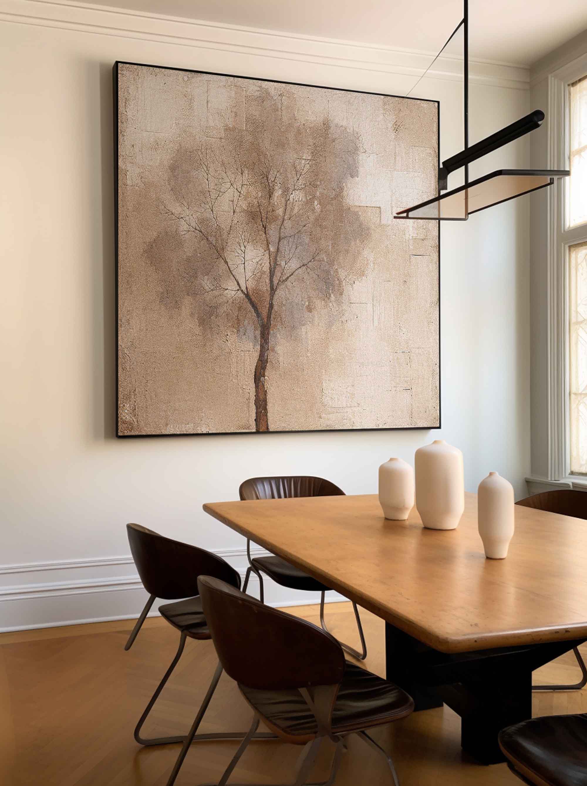 Abstract Ink Tree Art Beige Square Acrylic Painting Canvas Original Painting For Living Room