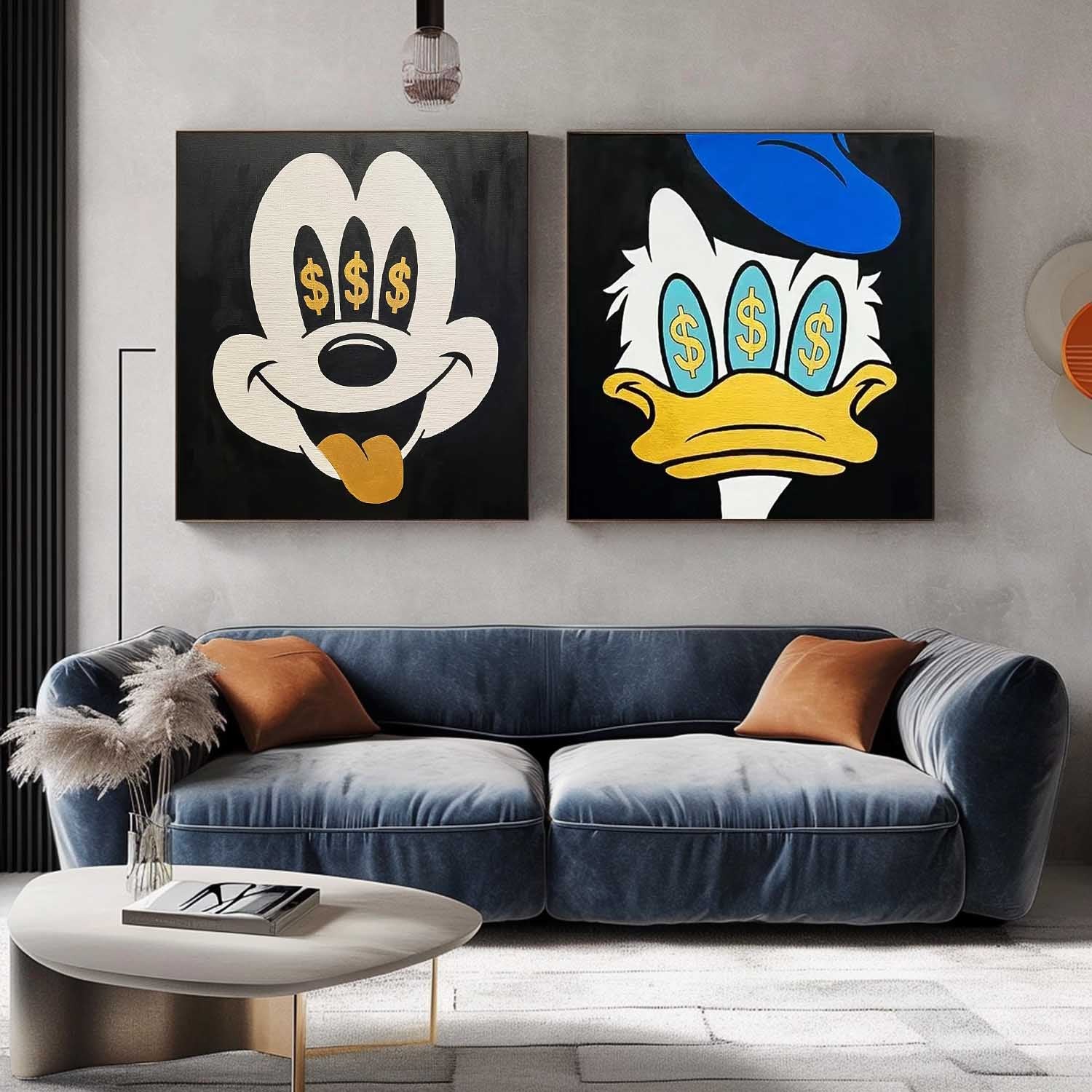 Set of 2 Large Abstract Modern Square Original Oil Paintings On Canvas Graffiti Disney Characters Wall Art