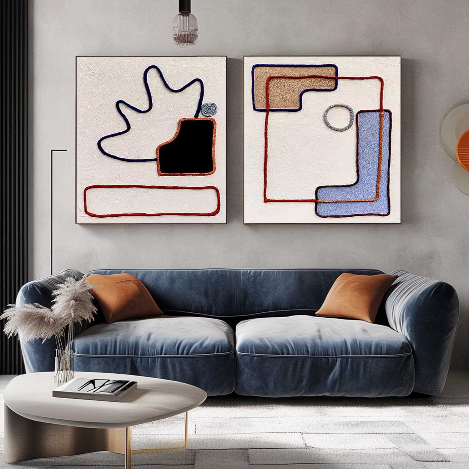 Set of 2 Large Abstract Square Original Minimalist Lines Oil Paintings On Canvas Modern Wall Art Home Decor