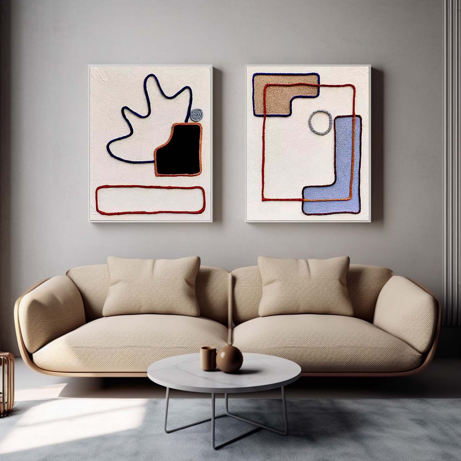 Set of 2 Large Abstract Square Original Minimalist Lines Oil Paintings On Canvas Modern Wall Art Home Decor