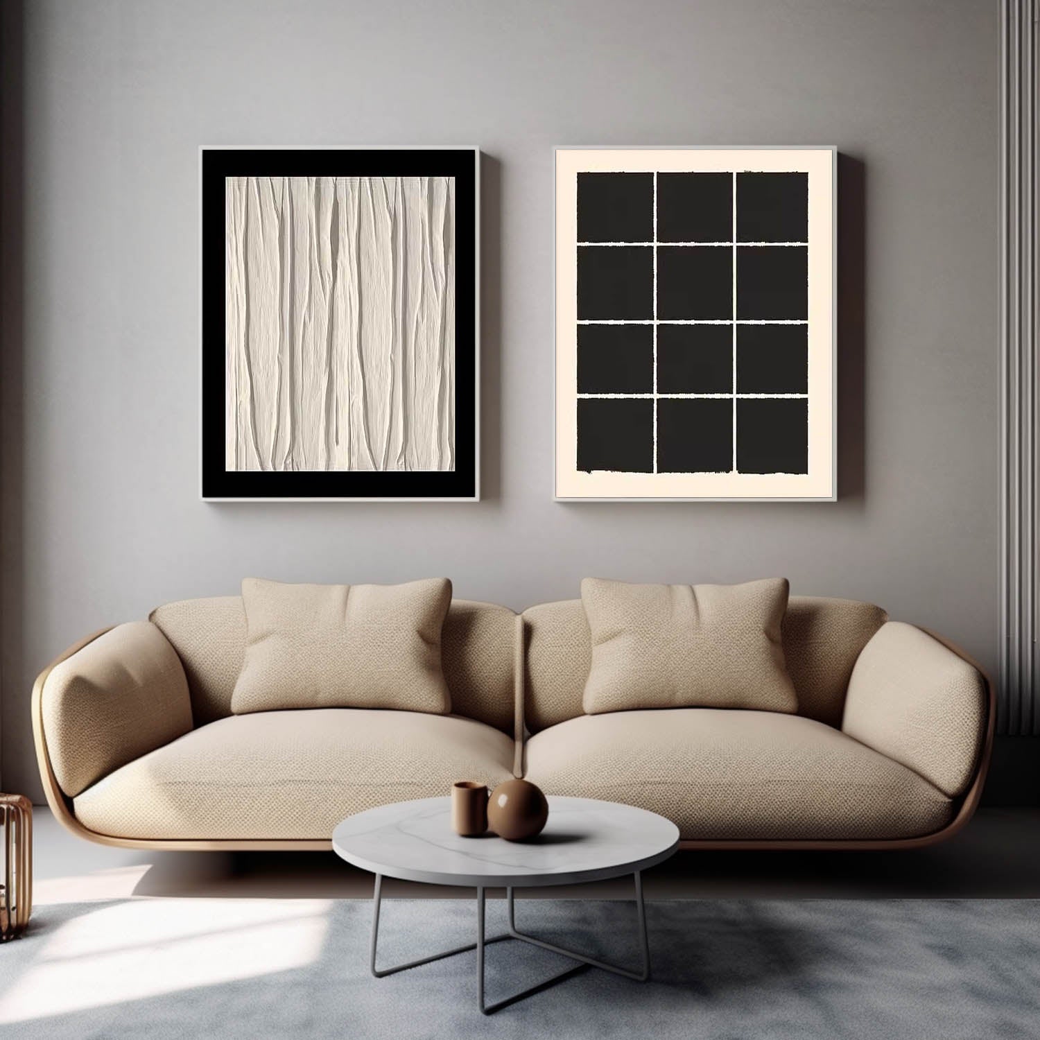 Set of 2 Large Minimalist Modern Black And White Square Original Oil Paintings On Canvas Texture Wall Art Decor