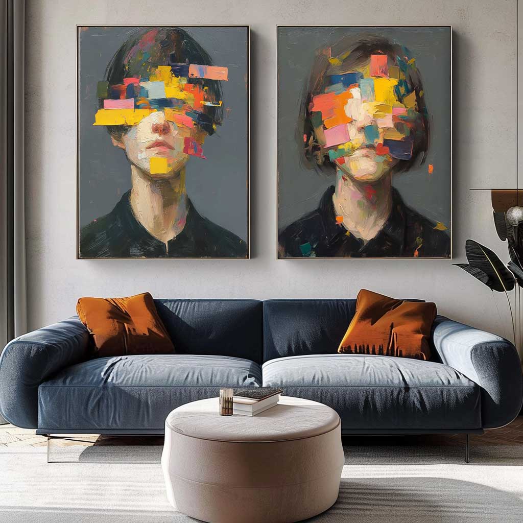 Set of 2 Large Faceless Portrait Couple Painting Abstract Painting Face Artwork Facial 3D Original Canvas Art