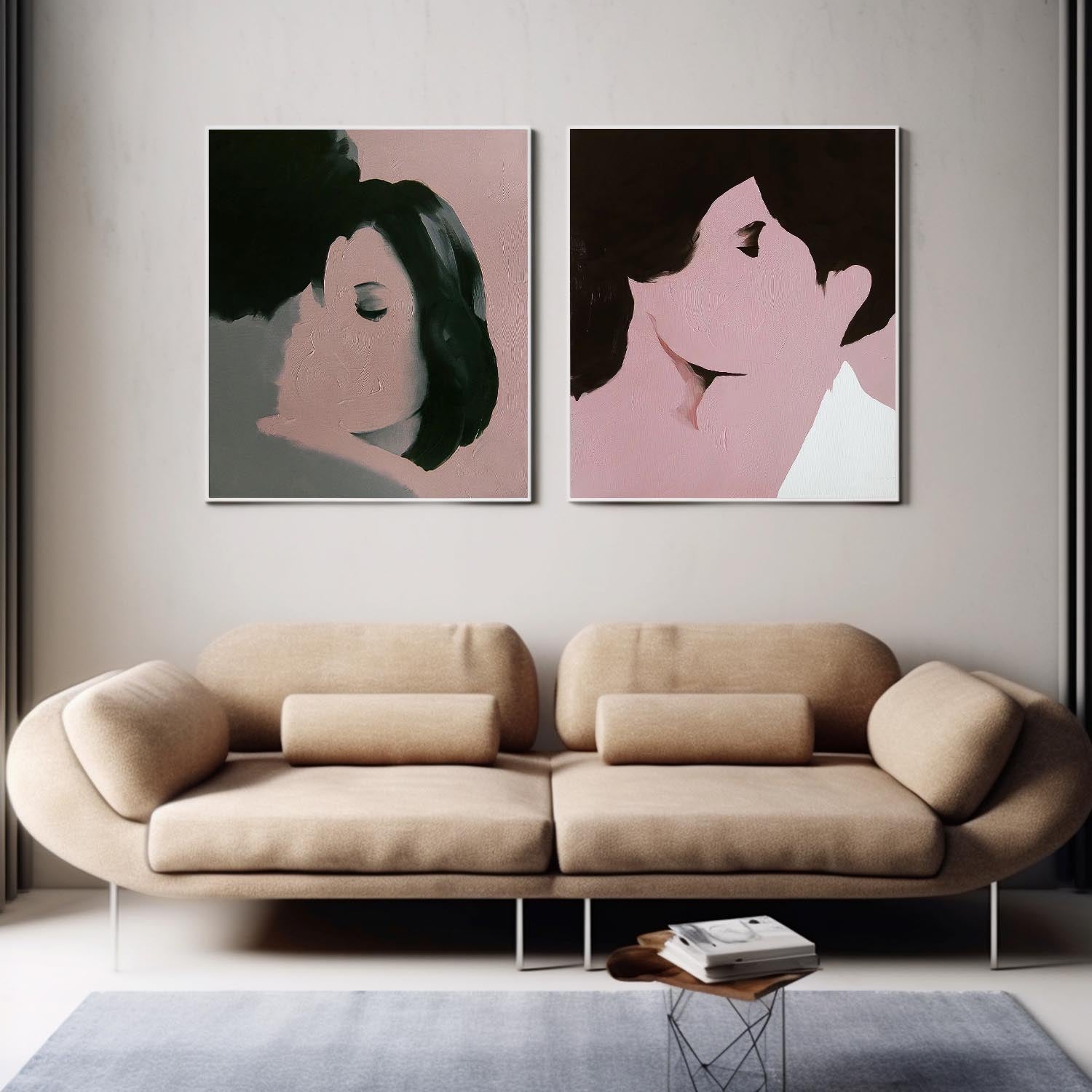 Set of 2 Square Man And Woman Kissing Abstract Wall Art Original Minimalism Painting Canvas Large Artwork