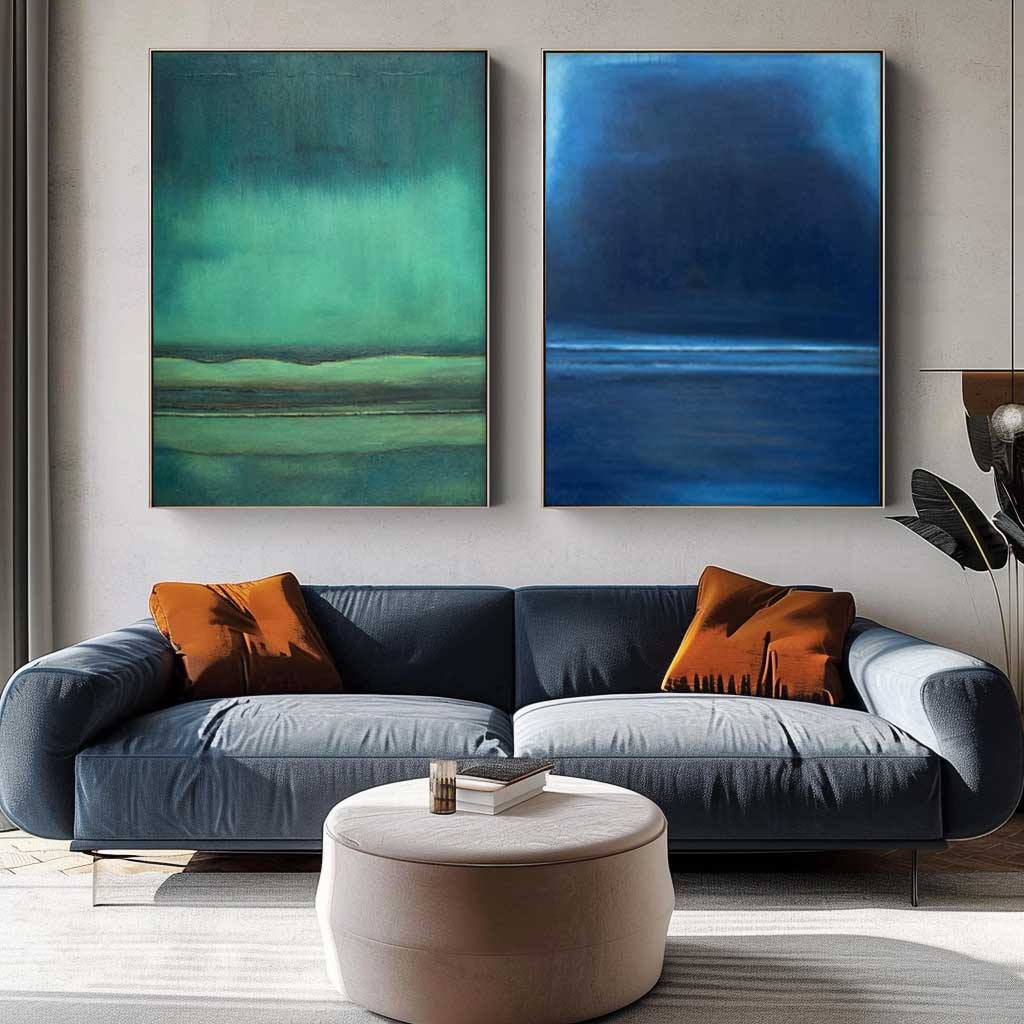 Set of 2 Blue And Green Minimalist Abstract Oil Paintings Contemporary Canvas Wall Art For Living Room