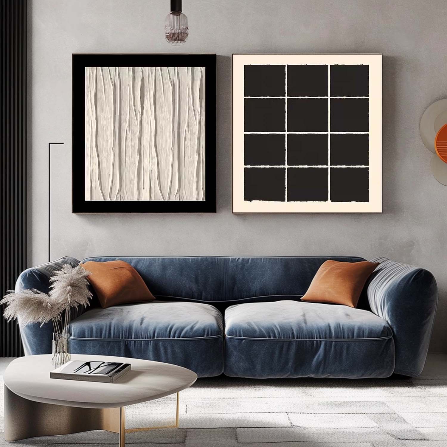 Set of 2 Large Minimalist Modern Black And White Square Original Oil Paintings On Canvas Texture Wall Art Decor