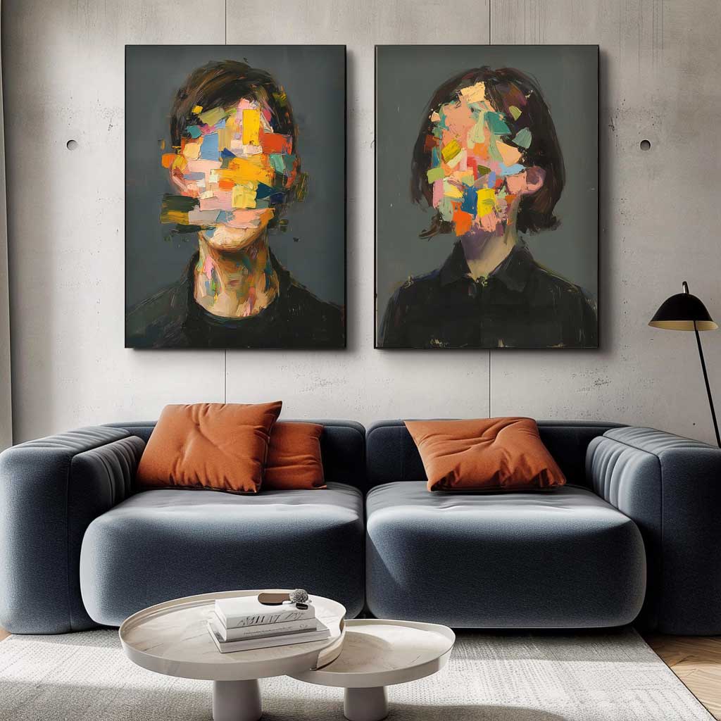 Set of 2 Abstract Painting Face Artwork Large Faceless Portrait Couple Painting Facial 3D Original Canvas Art