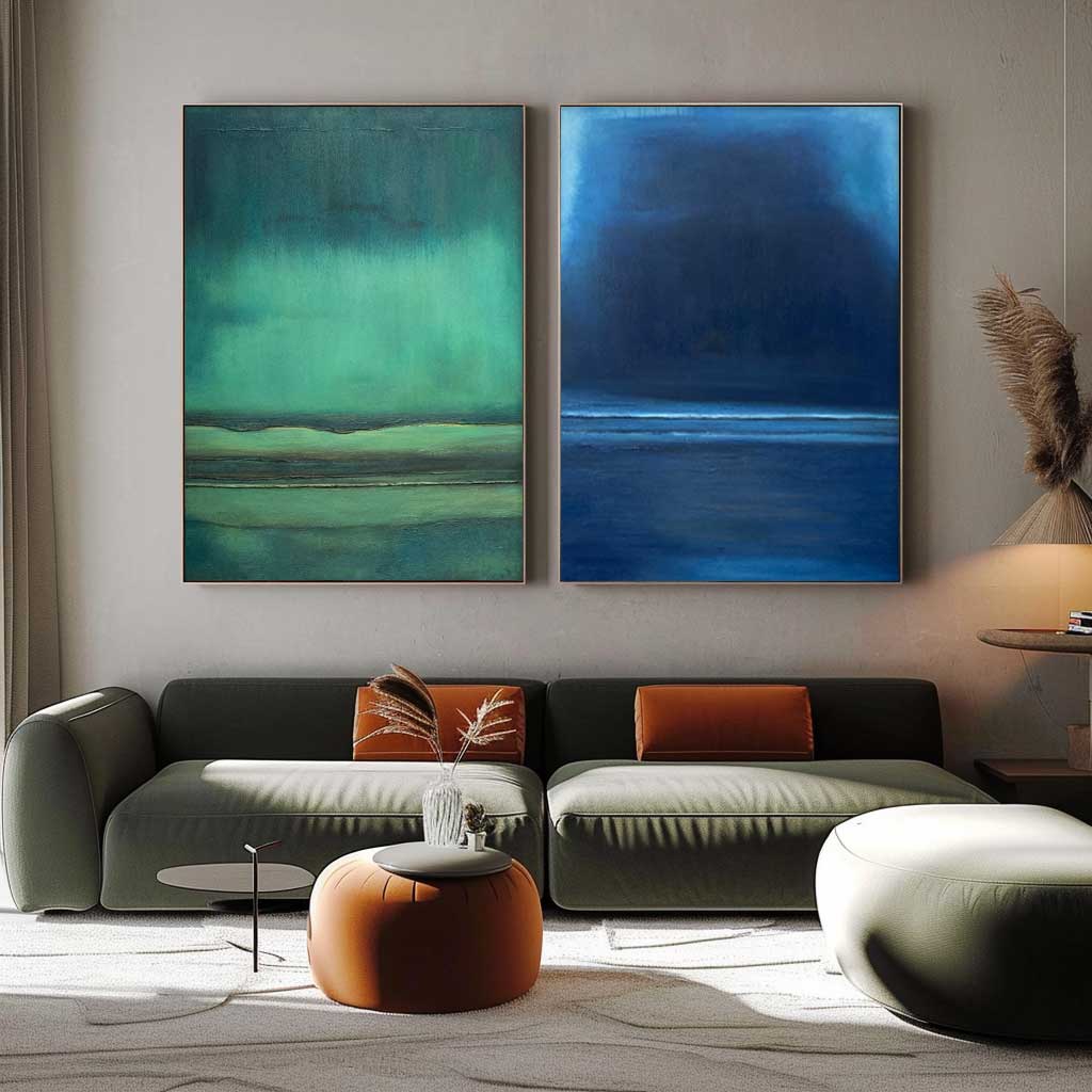 Set of 2 Blue And Green Minimalist Abstract Oil Paintings Contemporary Canvas Wall Art For Living Room