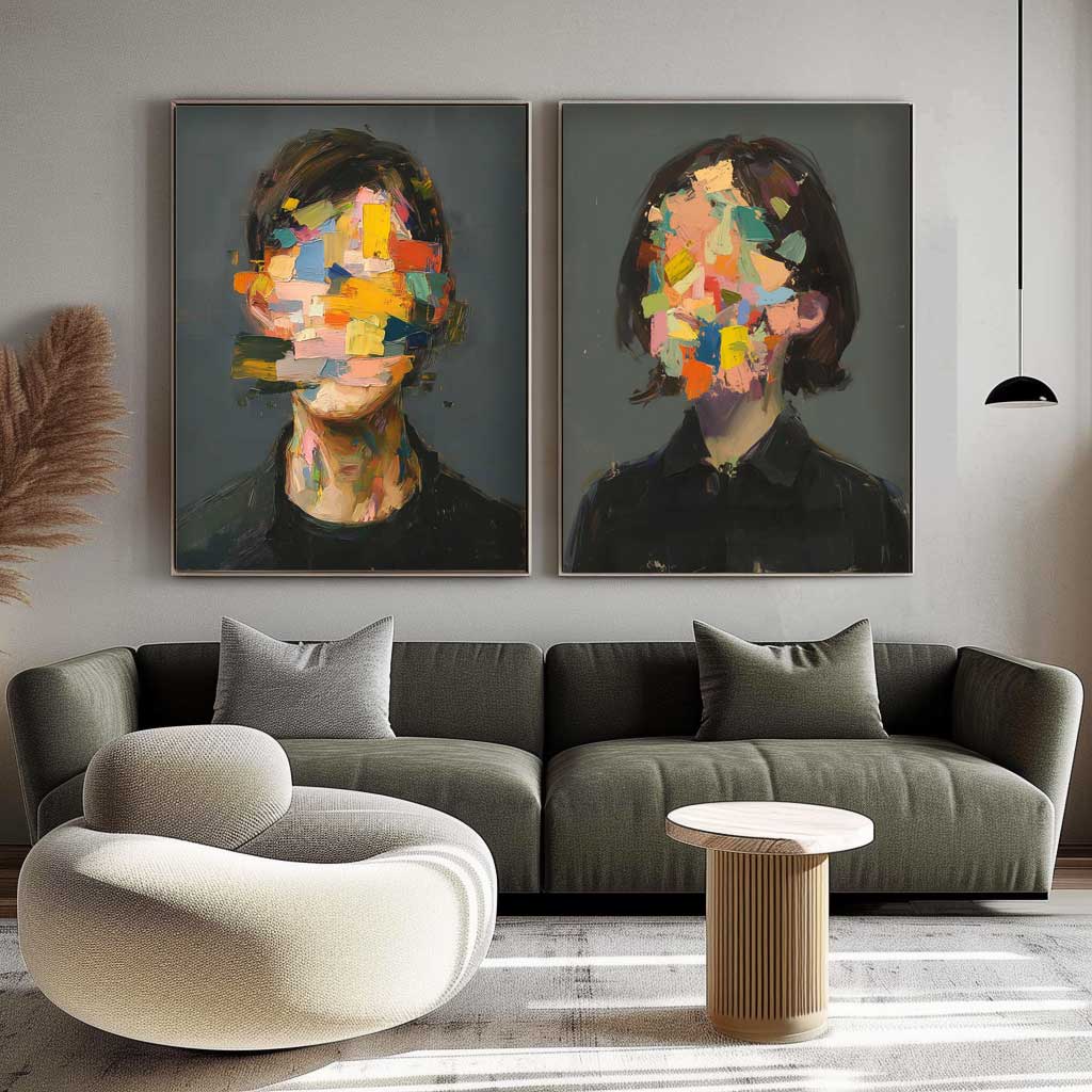 Set of 2 Abstract Painting Face Artwork Large Faceless Portrait Couple Painting Facial 3D Original Canvas Art