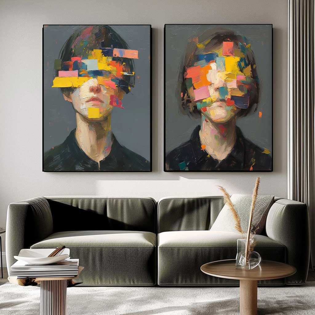 Set of 2 Large Faceless Portrait Couple Painting Abstract Painting Face Artwork Facial 3D Original Canvas Art
