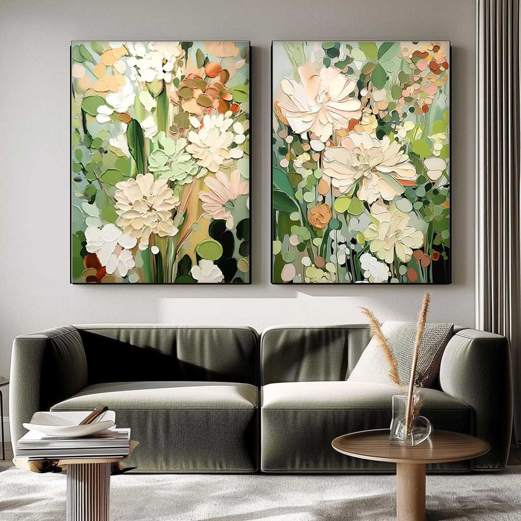 Set of 2 Sage Color Abstract Oil Paintings Contemporary Flower Canvas Wall Art Floral Spring Artwork