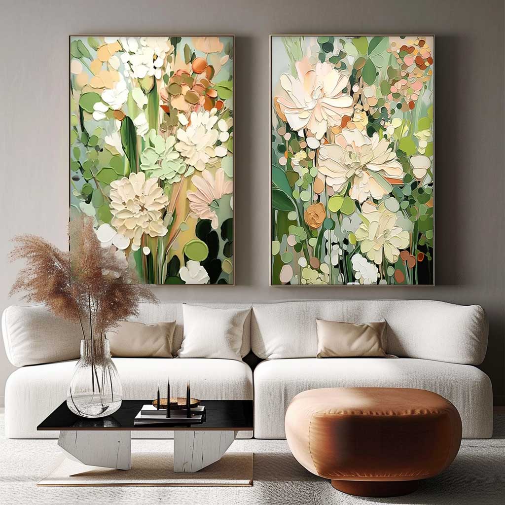 Set of 2 Sage Color Abstract Oil Paintings Contemporary Flower Canvas Wall Art Floral Spring Artwork