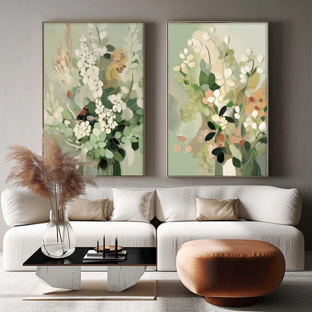 Set of 2 Green Abstract Oil Paintings Impressionism Flower Canvas Wall Art Floral Spring Artwork