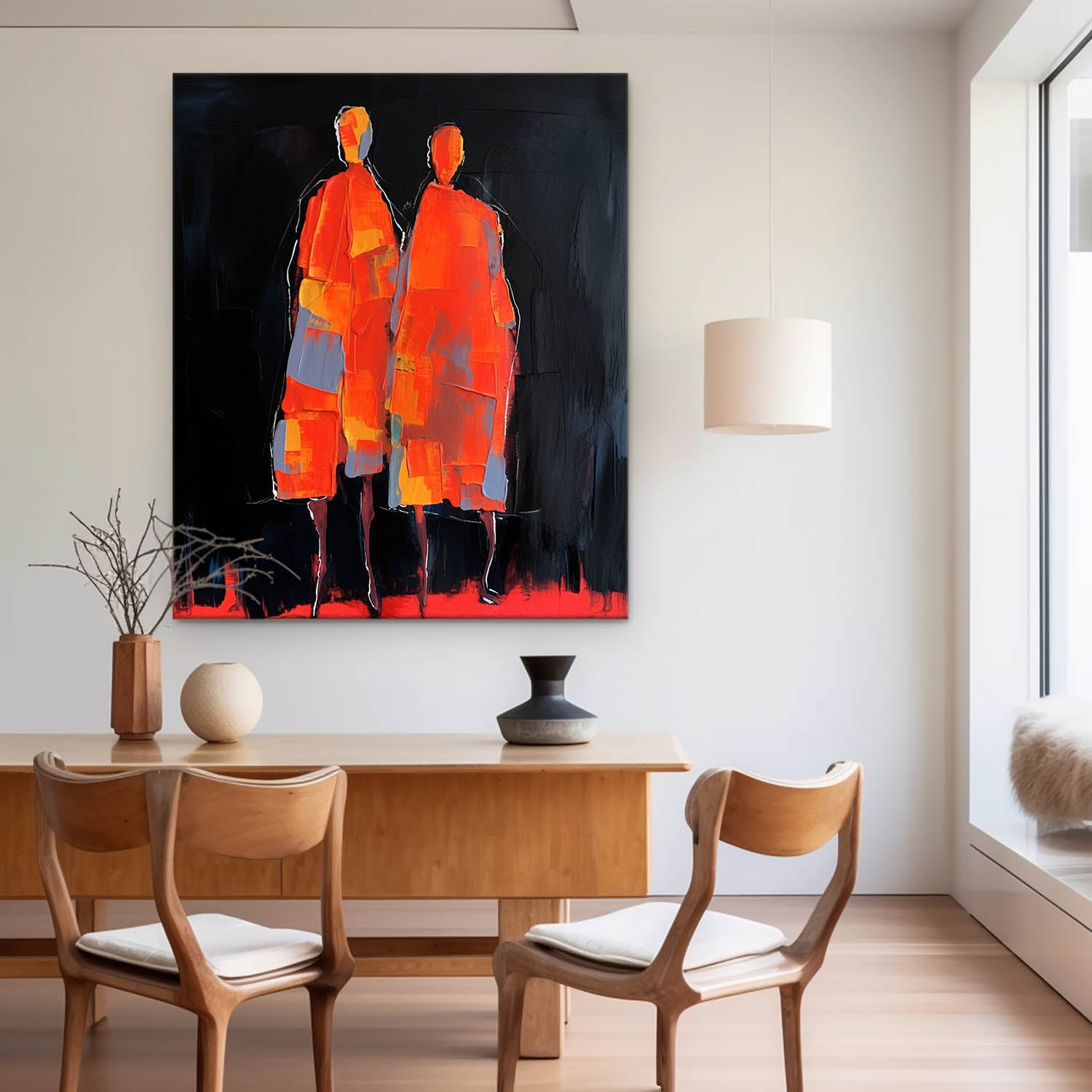 Big Contour Acrylic Painting Warm Color Original Abstract Wall Art Character Outline Painting Framed Artwork