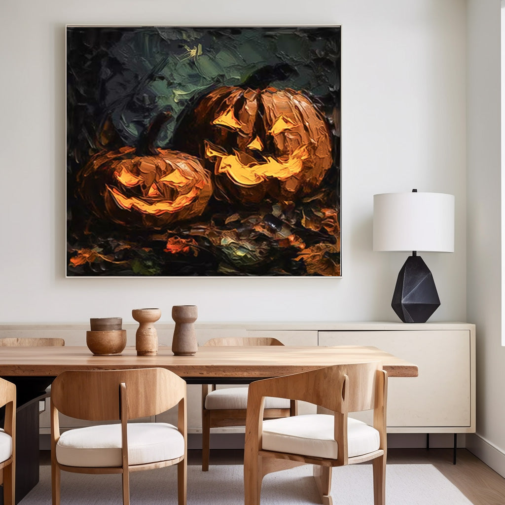 Large Pumpkin Head Square Texture Abstract Wall Art Framed Modern Abstract Canvas Painting Holiday Decorations