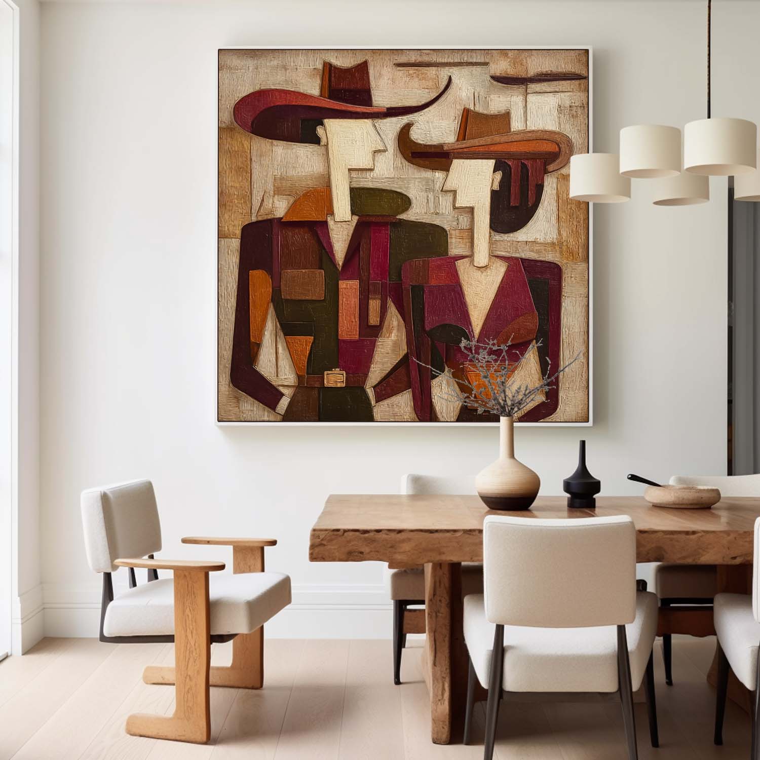 Retro Western Abstract Couple Oil Painting Cowboy Hats Vintage Geometric Wall Art For Home Decor On Sale