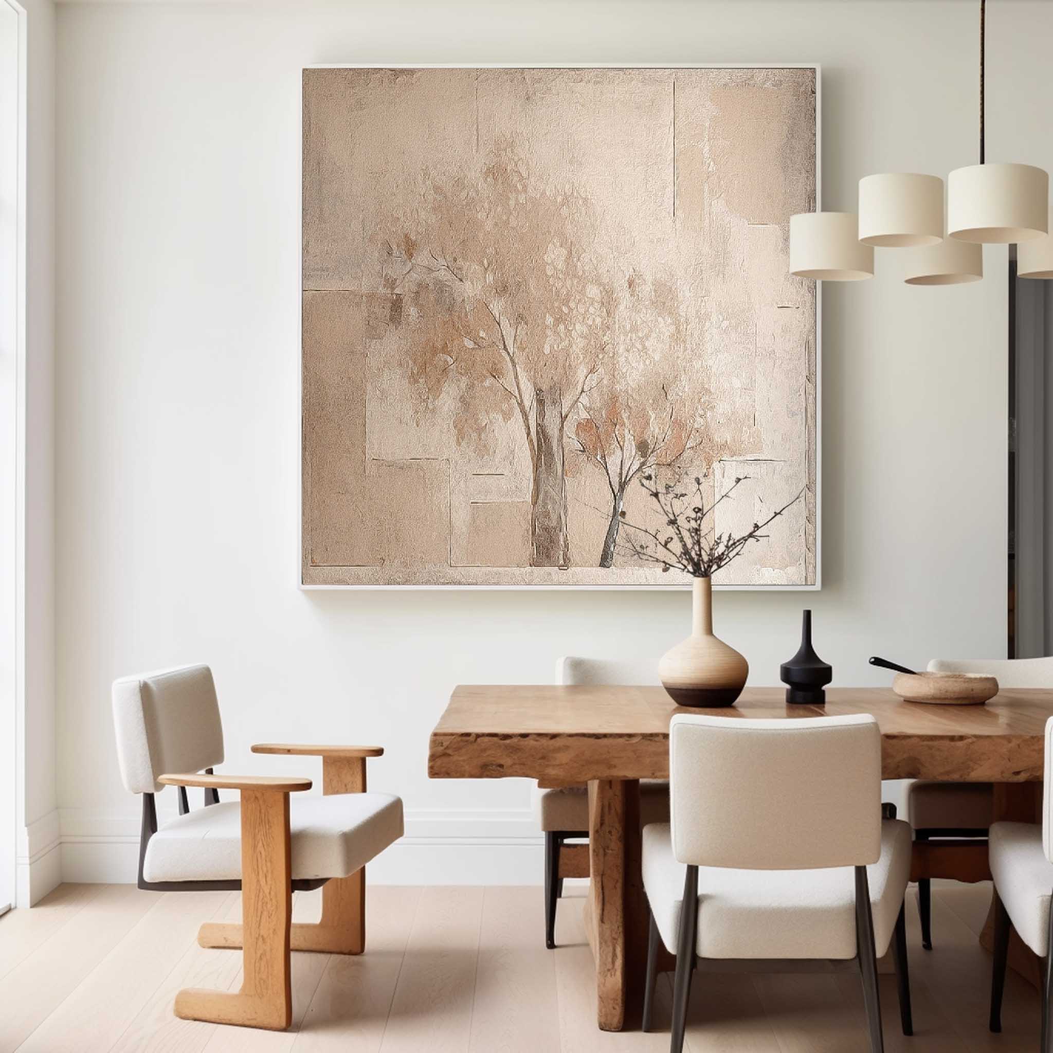 Original Vintage Oil Painting Abstract Ink Tree Wall Art Beige Square Acrylic Painting On Canvas For Sale