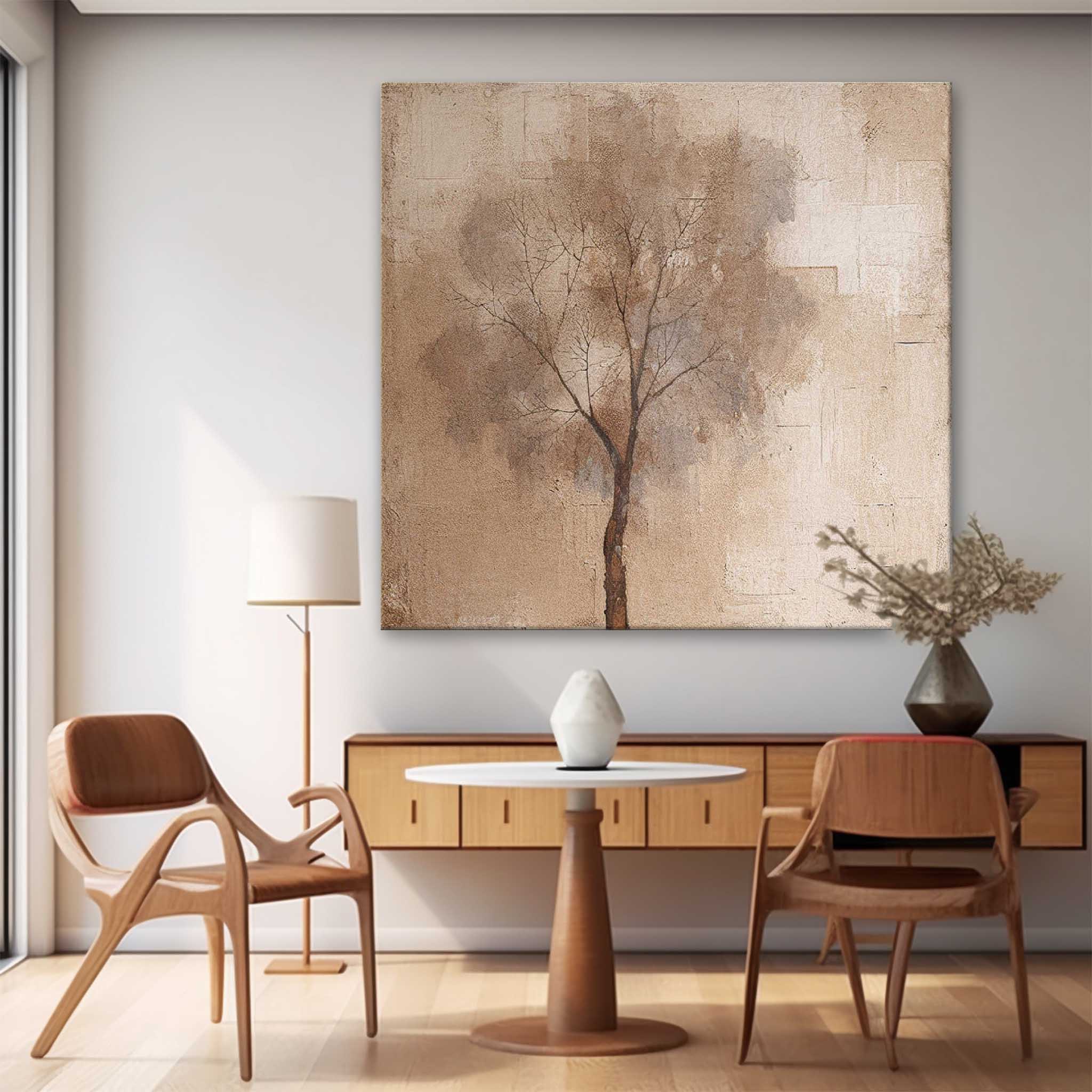 Abstract Ink Tree Art Beige Square Acrylic Painting Canvas Original Painting For Living Room