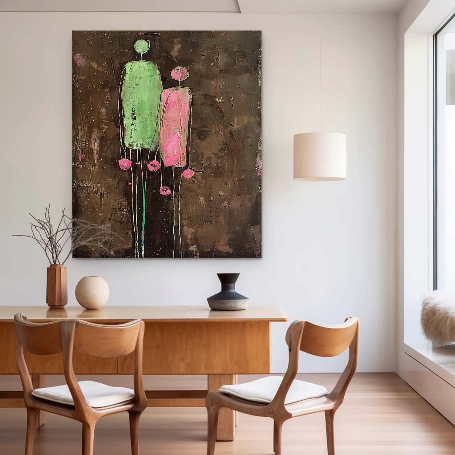 Dark Brown Large Flower Figure Painting Original Green Silhouettes Wall Art Abstract Artwork Framed