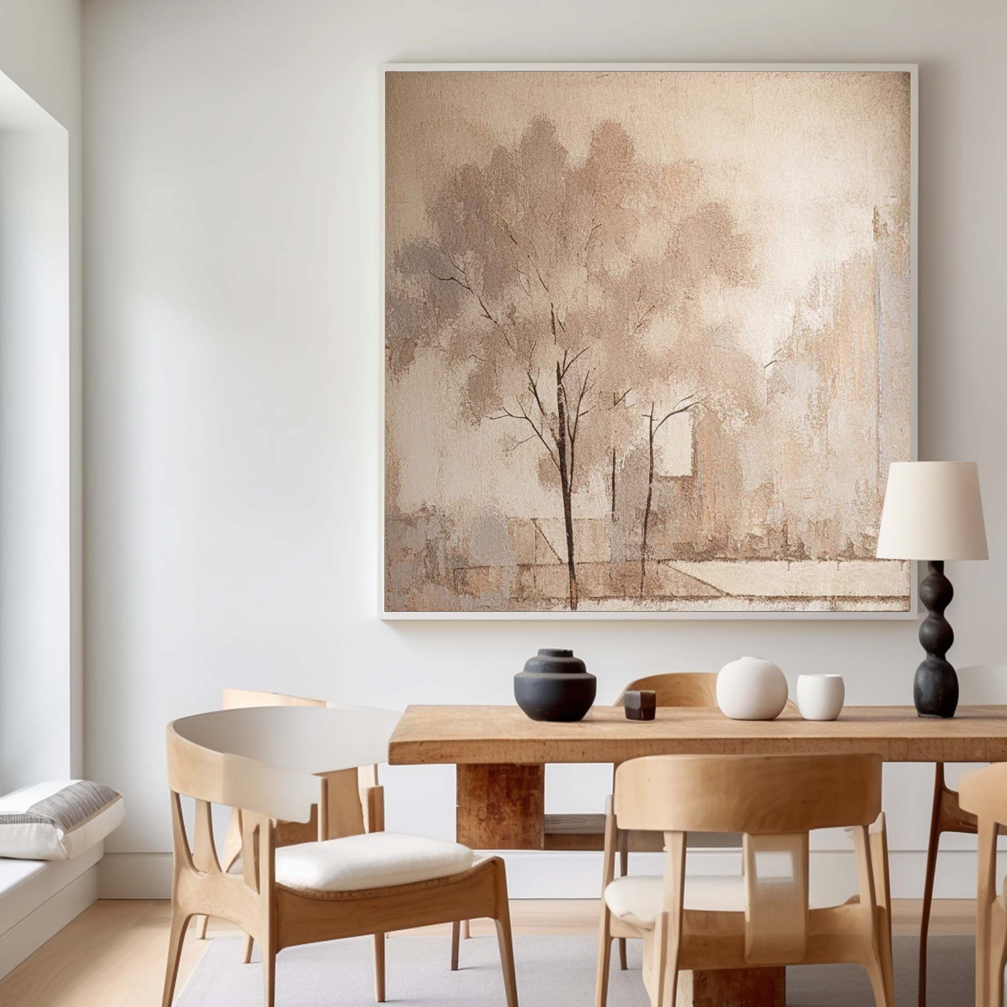 Original watercolor Painting Abstract Ink Tree Art Beige Square Acrylic Painting Canvas For Living Room