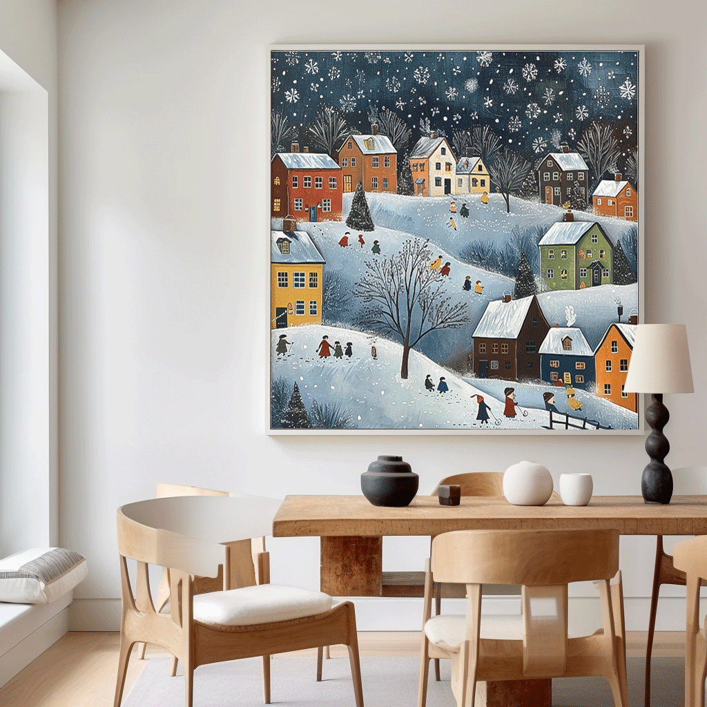 Original Cottage In The Snow Oil Painting Large Winter Wall Art Abstract Landscape Painting Living Room Decor