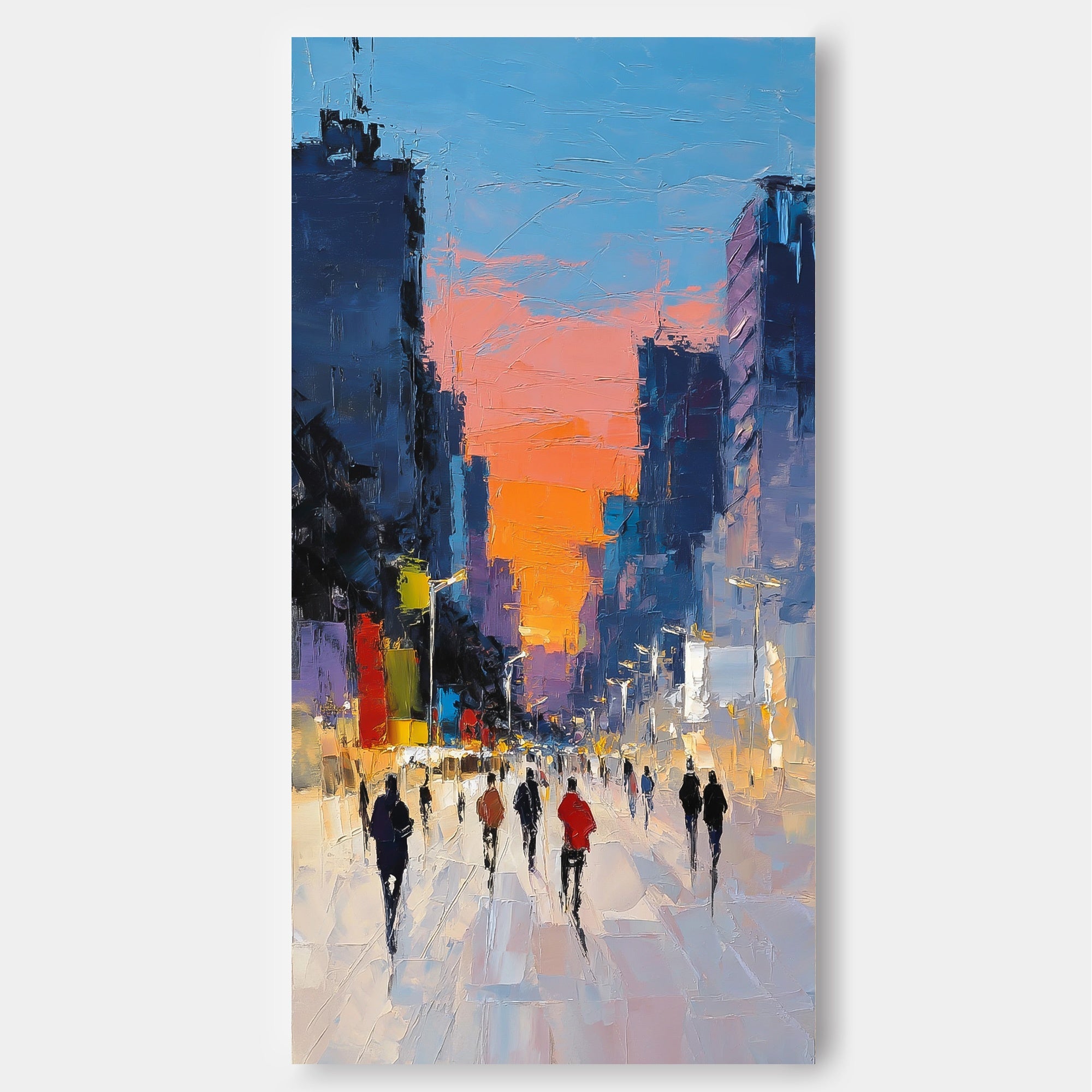 Original Textured Canvas Painting Of City Sunset With Abstract Architecture And People Silhouettes