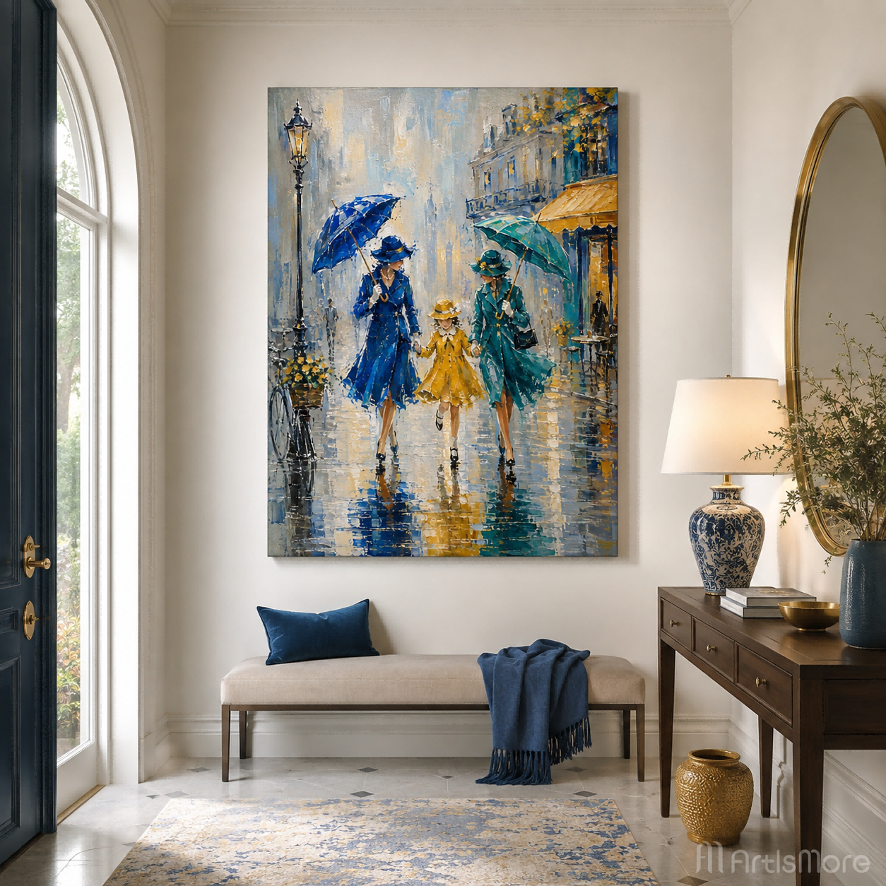 Impressionist City Life Painting With Umbrellas And Reflections In Blue And Yellow Tones