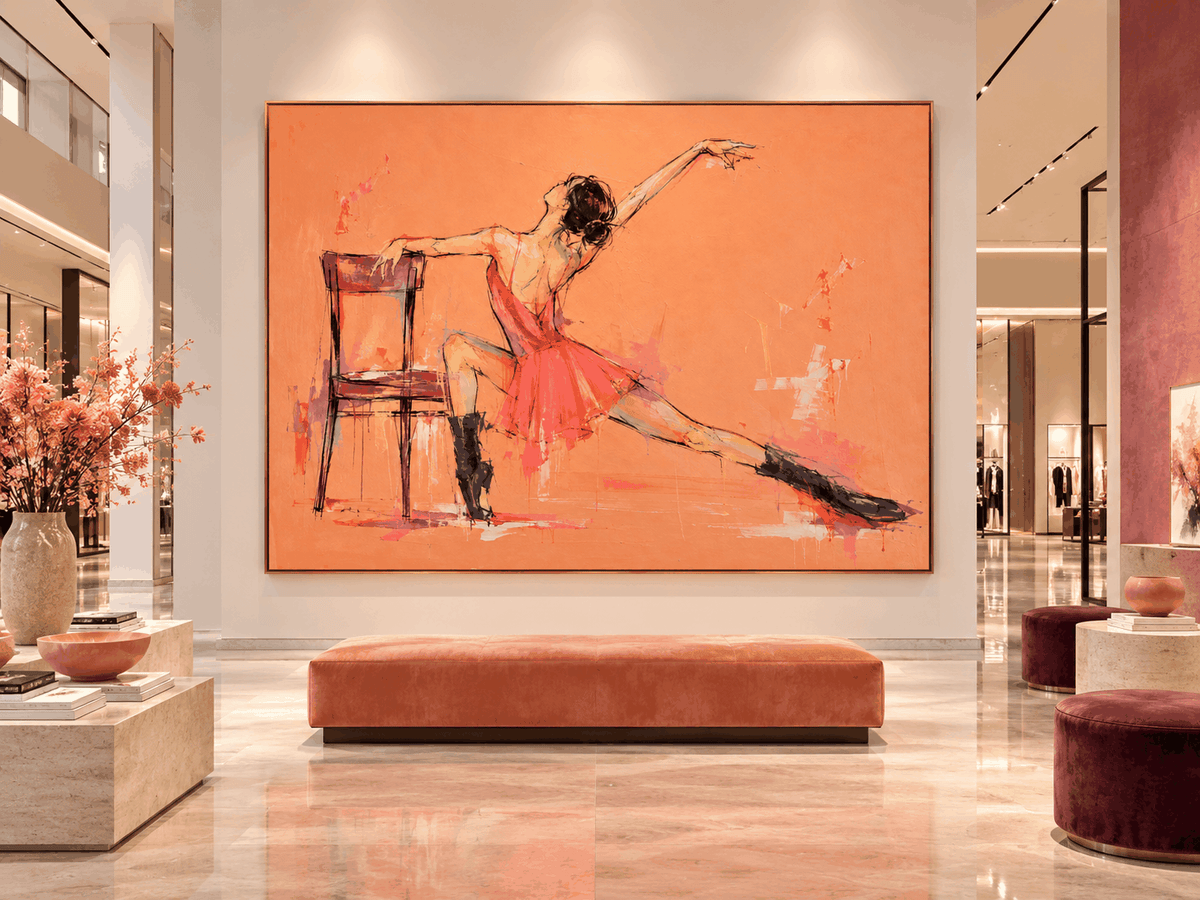 Vintage Modern Textured Art Hand-Painted Abstract Figure In Peach And Black Abstract Dancer Canvas Painting