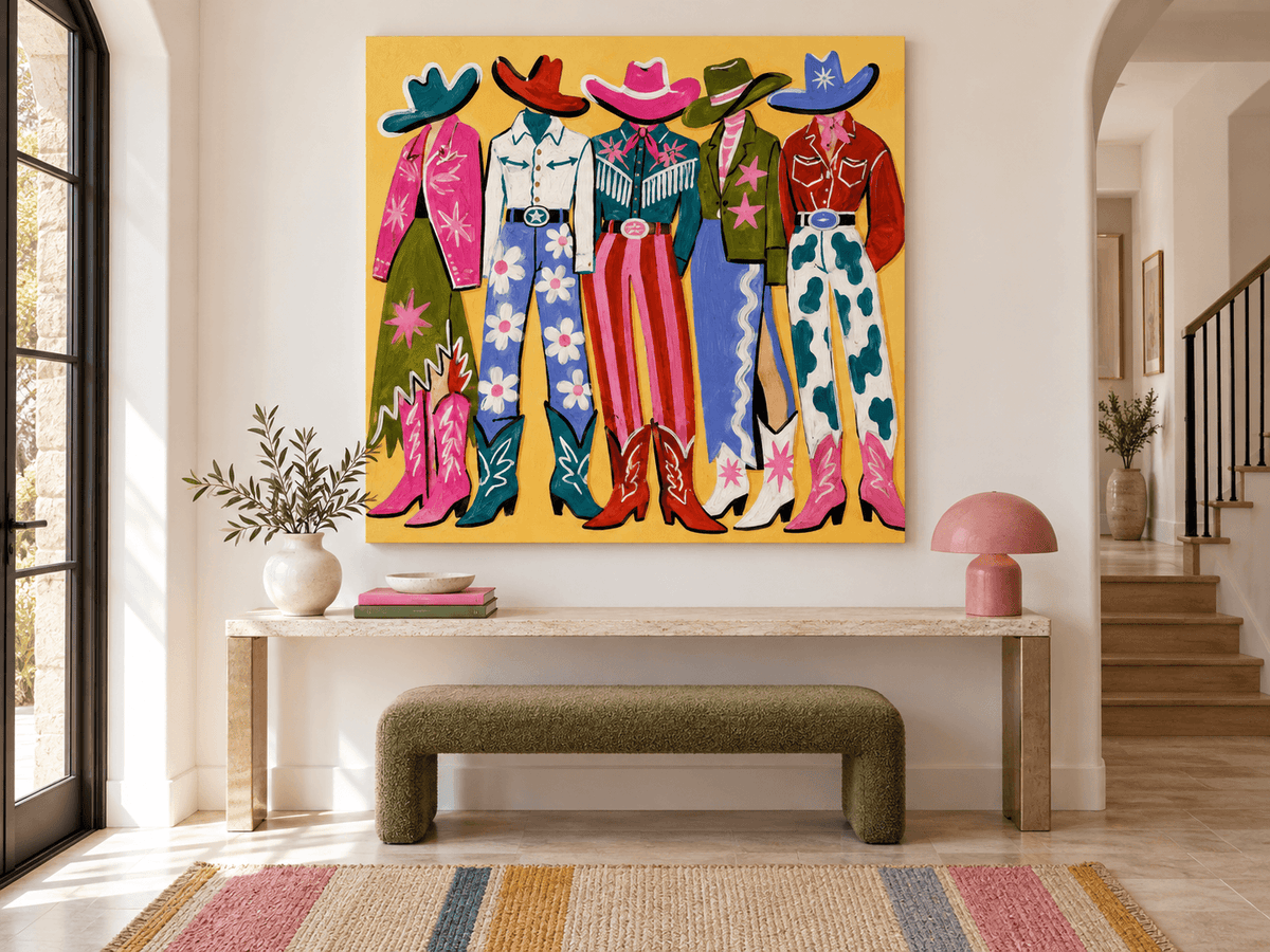 Pop Art Style Cowboy Painting Colorful Retro Fashion Illustration On Canvas