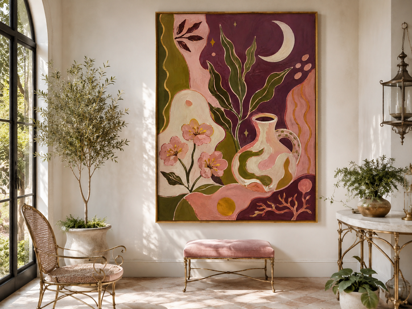 Fantasy Floral And Moon Art Deco Canvas Painting Hand-Painted Original Wall Art