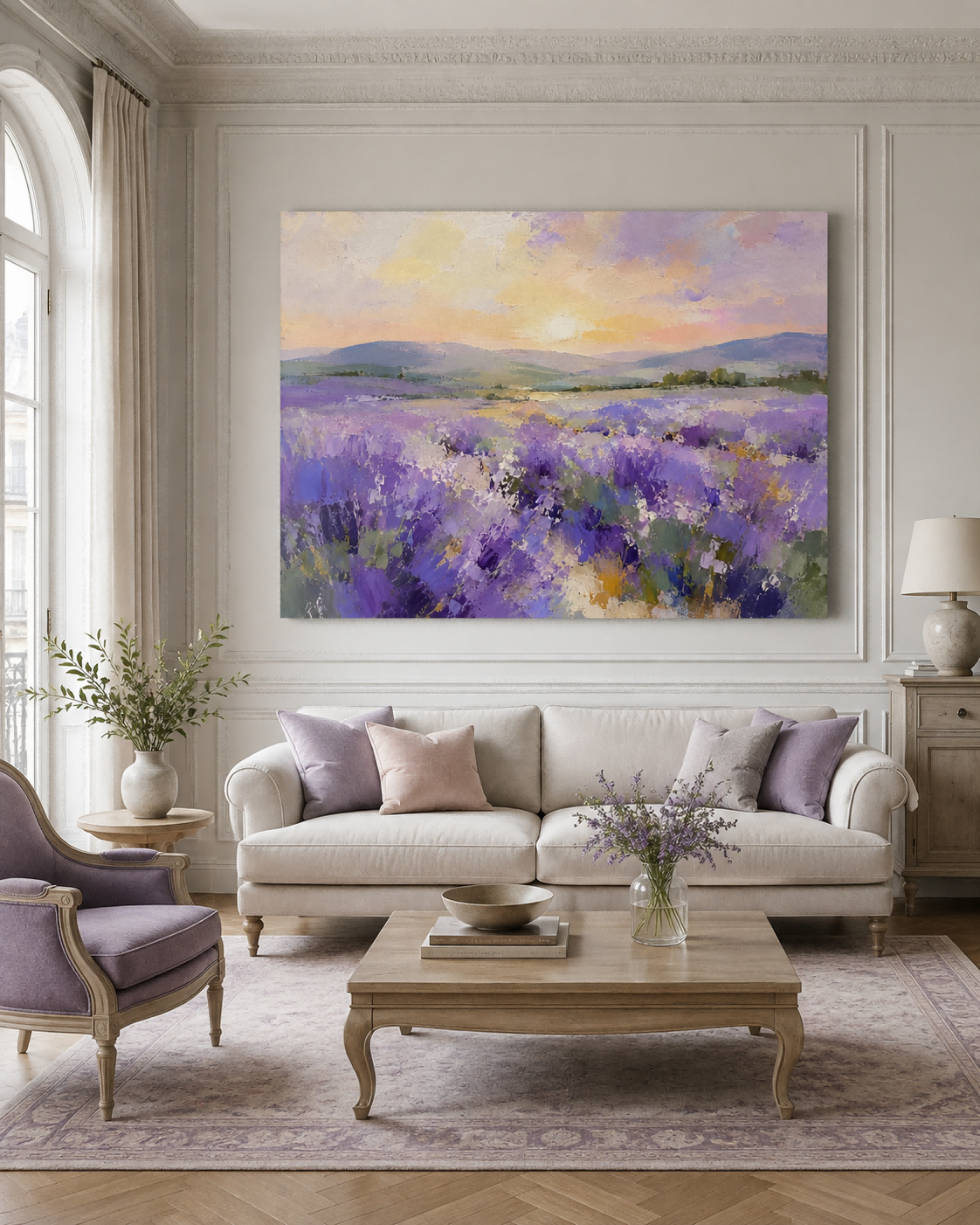 Hand-Painted Lavender Field Landscape Canvas Art With Sunset Mountains