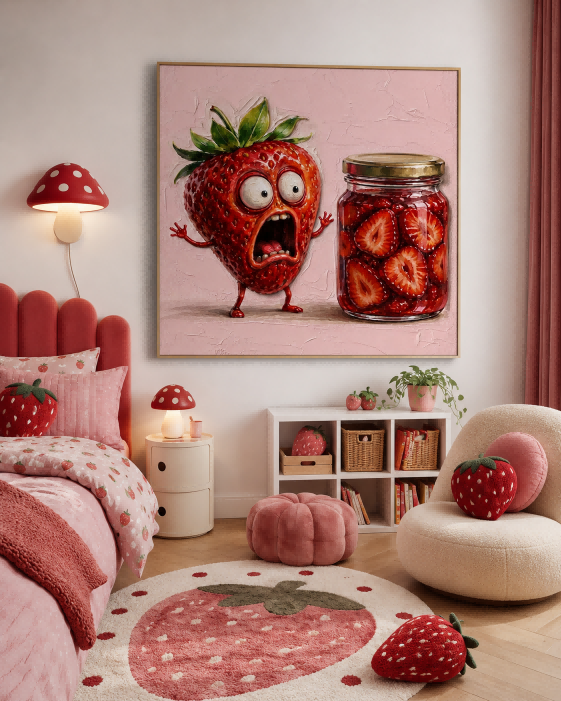 Surreal Strawberry Character Art With Abstract Elements Hand Painted Canvas For Playful Living Room And Dining Area Design