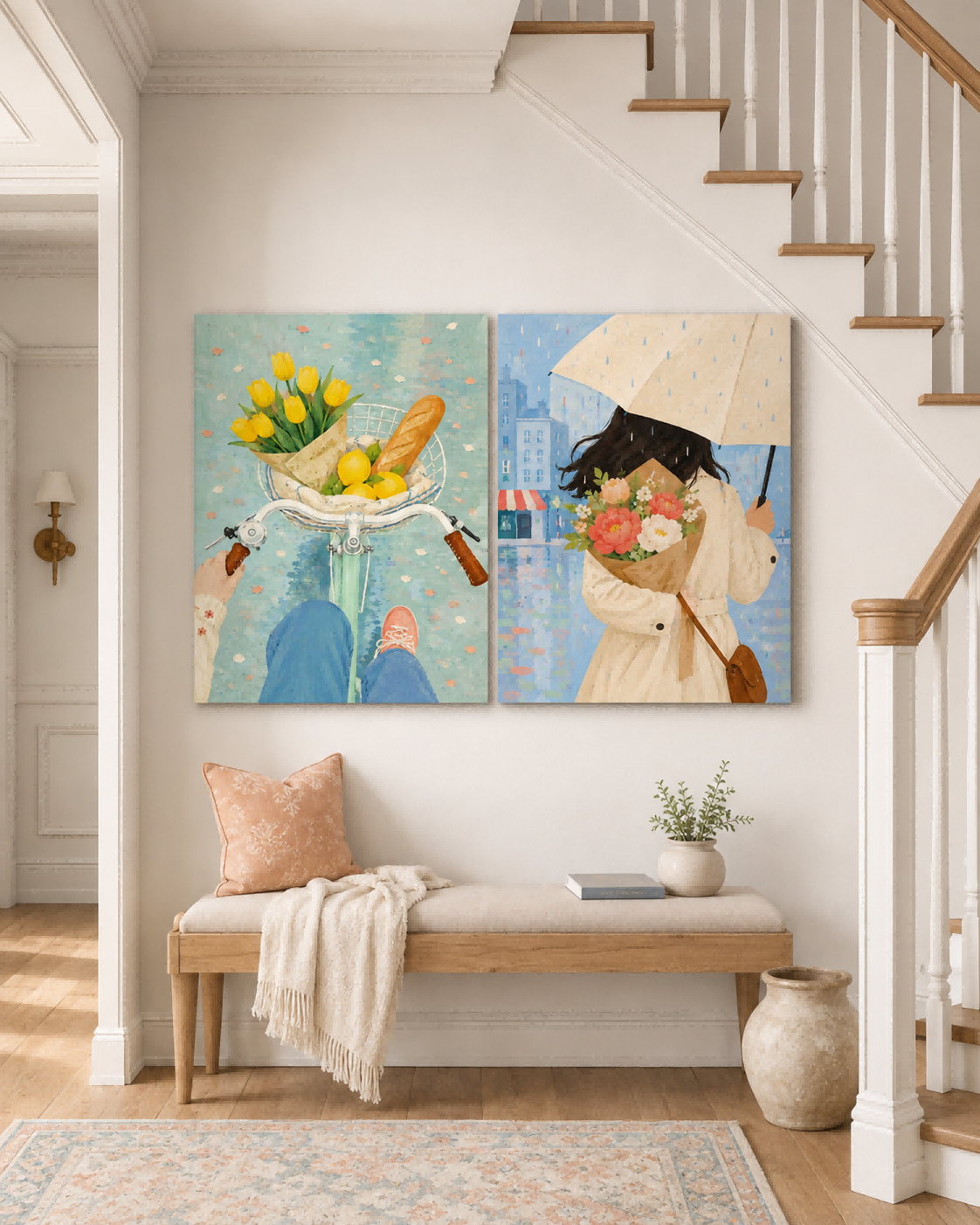 Hand-Painted Floral And City Life Diptych Canvas Art With Yellow Tulips