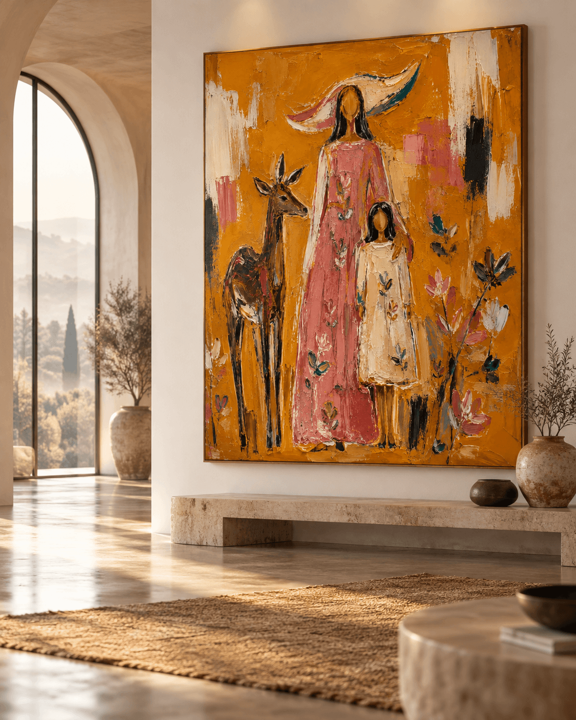 Abstract Pastoral Canvas Painting With Textured Ochre And Pink Tones Mother And Child With Deer Canvas Art