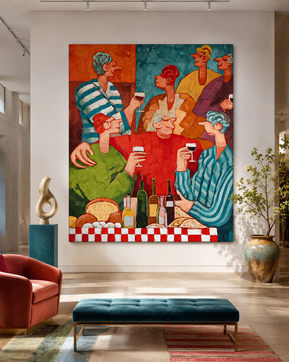 Vibrant People Painting Of Festive Dinner Party For Dining Room Wall Decor