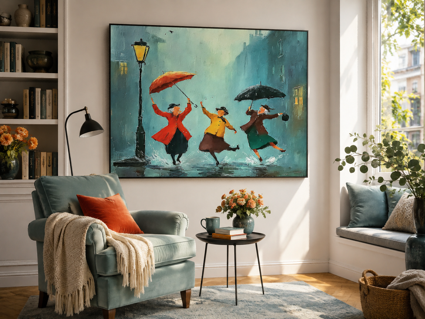Vintage Style Oil Painting Depicting Friendship In City Rain With Umbrellas And Reflections For Lounge Wall Decor