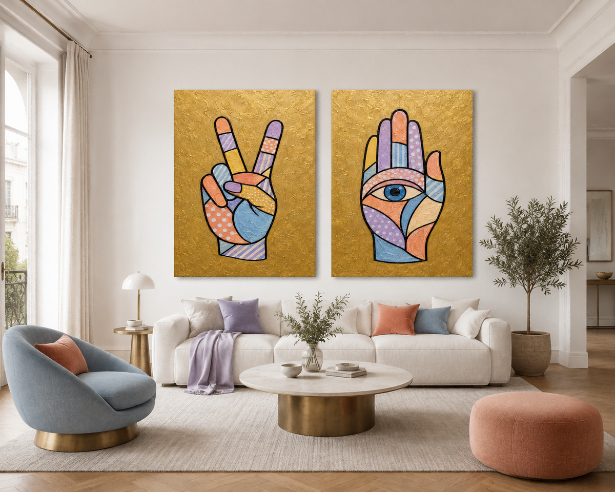 Hand-Painted Victory And Hamsa Hand Canvas Art Set With Gold Background Modern Gold Wall Art Decor For Living Room With Pop Art Style Hands