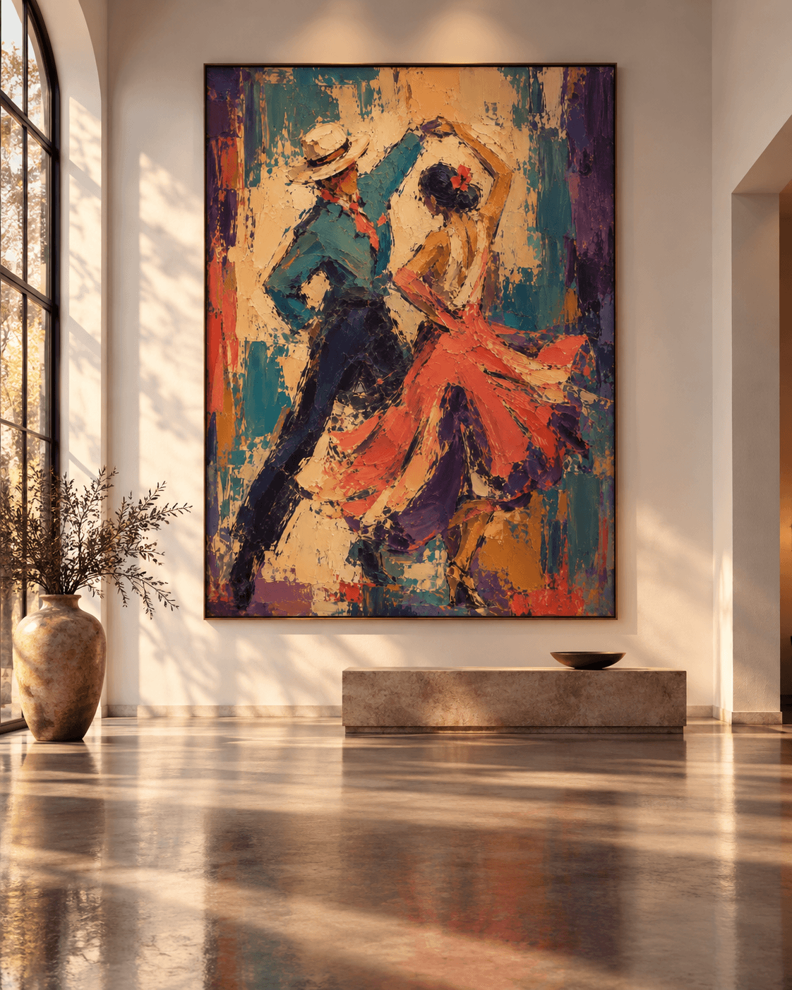 Hand-Painted Tango Dancers Canvas Art With Rich Texture And Warm Red Tones