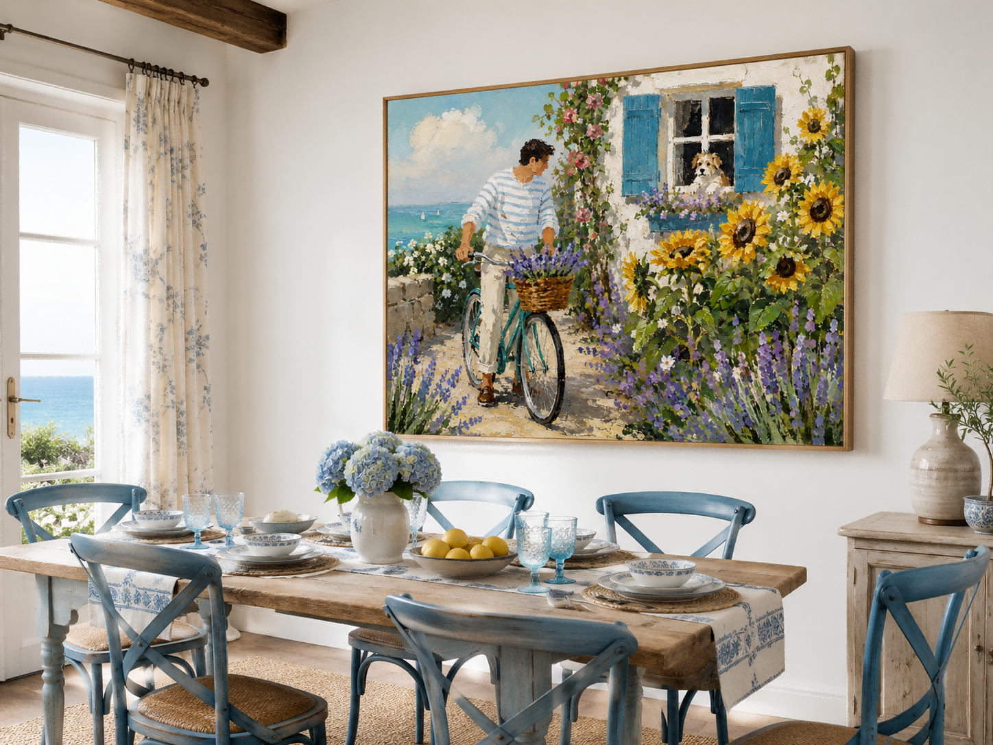 Man With Bicycle And Dog Coastal Landscape Hand-Painted Canvas Art