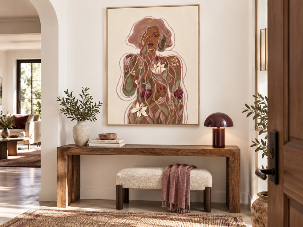 Hand-Painted Abstract Floral Woman Canvas Art In Earth Tones