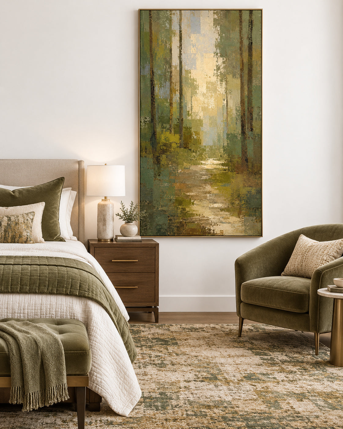 Abstract Forest Path Hand-Painted Canvas Art With Green And Gold Tones