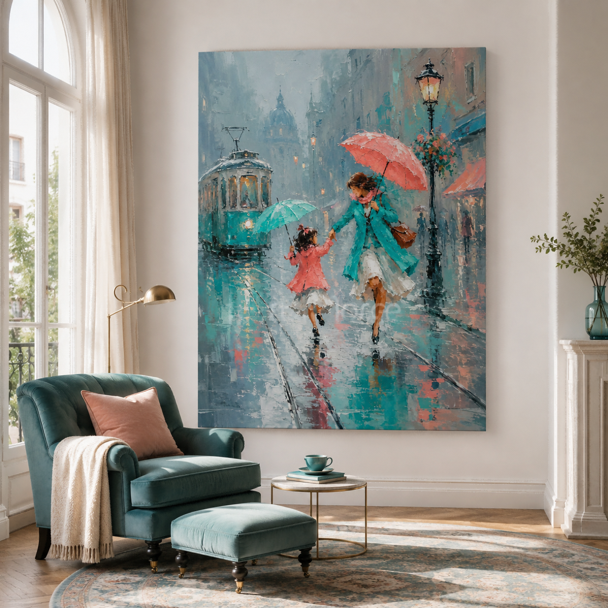 Textured Impressionist Oil Painting Of Mother Daughter Walking In Rain With Umbrellas Urban Life Art