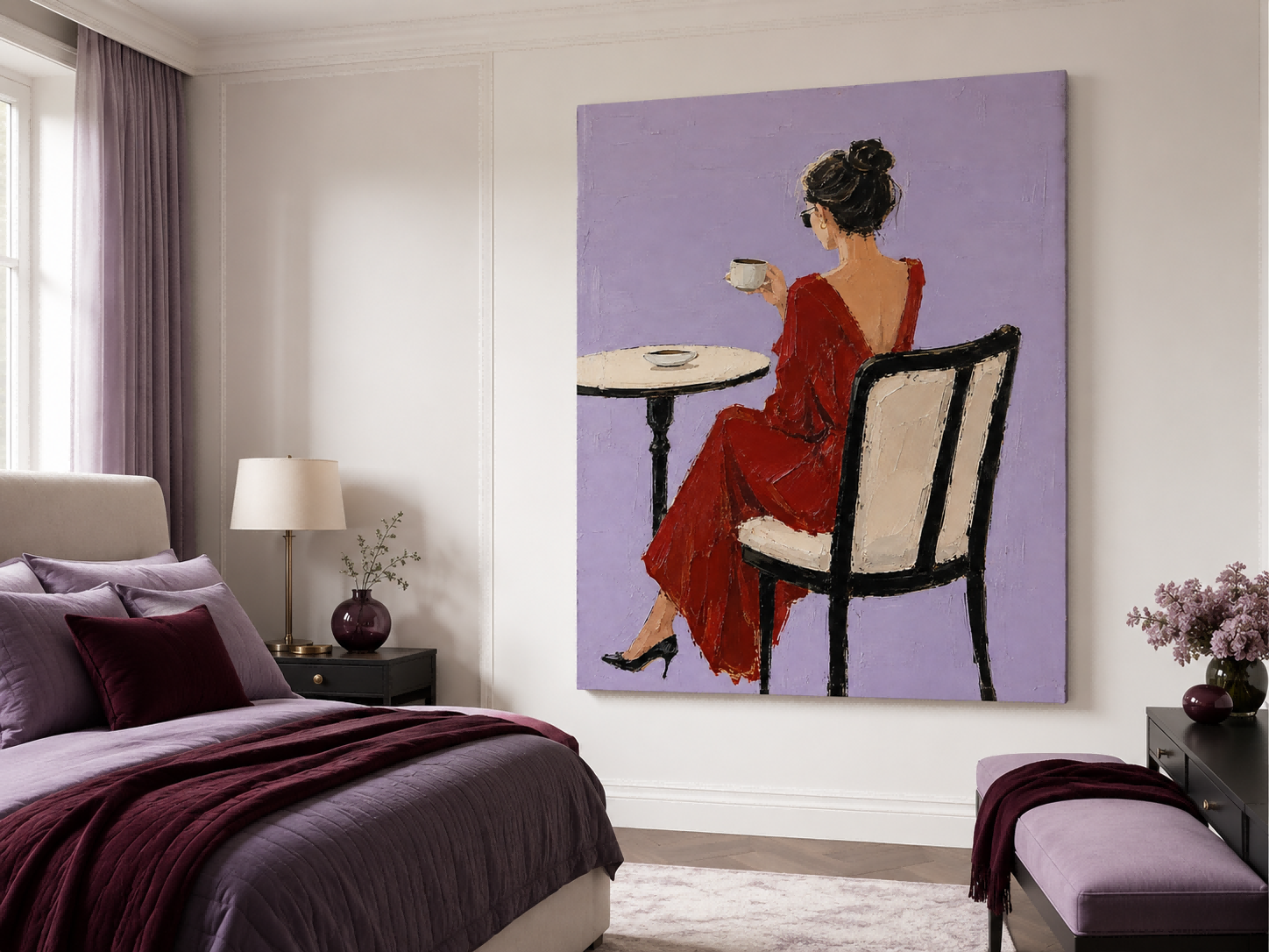 Elegant Red Dress Woman Painting Minimalist Purple Background Impasto Oil Art For Living Room Decor