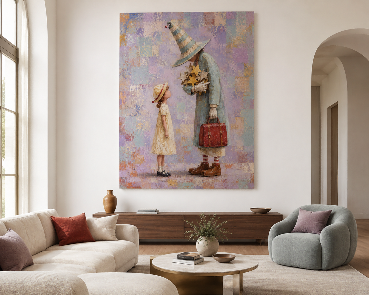 Wizard And Girl With Stars Hand-Painted Fantasy Canvas Art In Dreamy Purple