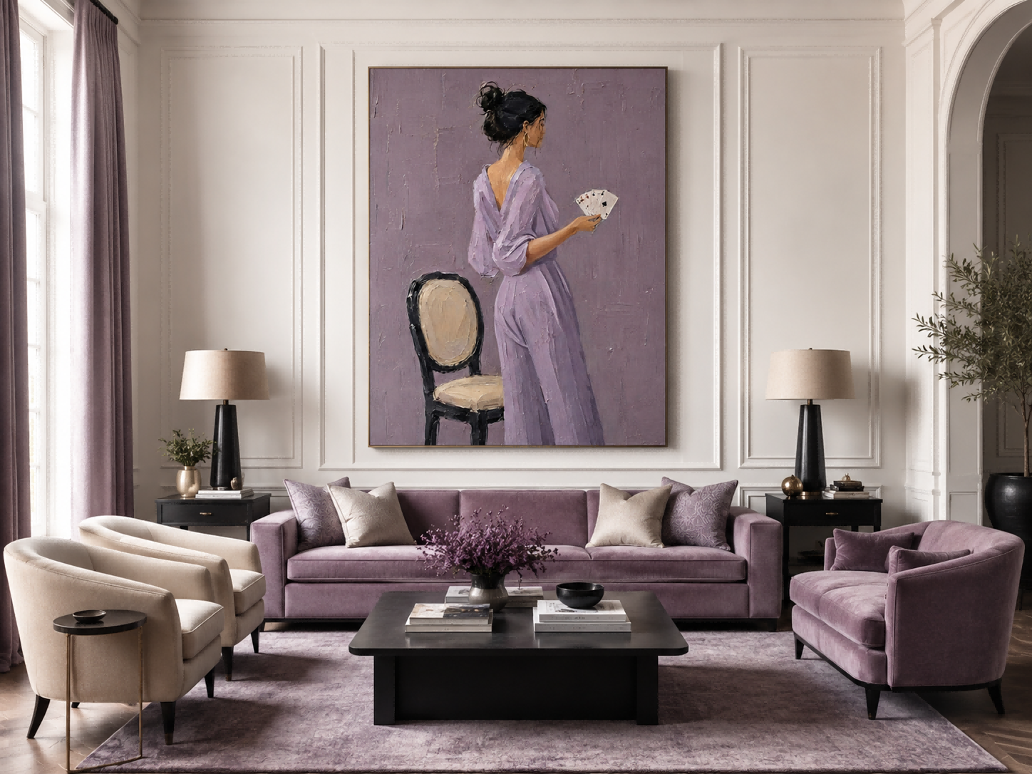 Modern Impasto Oil Painting Of Woman In Purple Jumpsuit With Playing Cards For Living Room